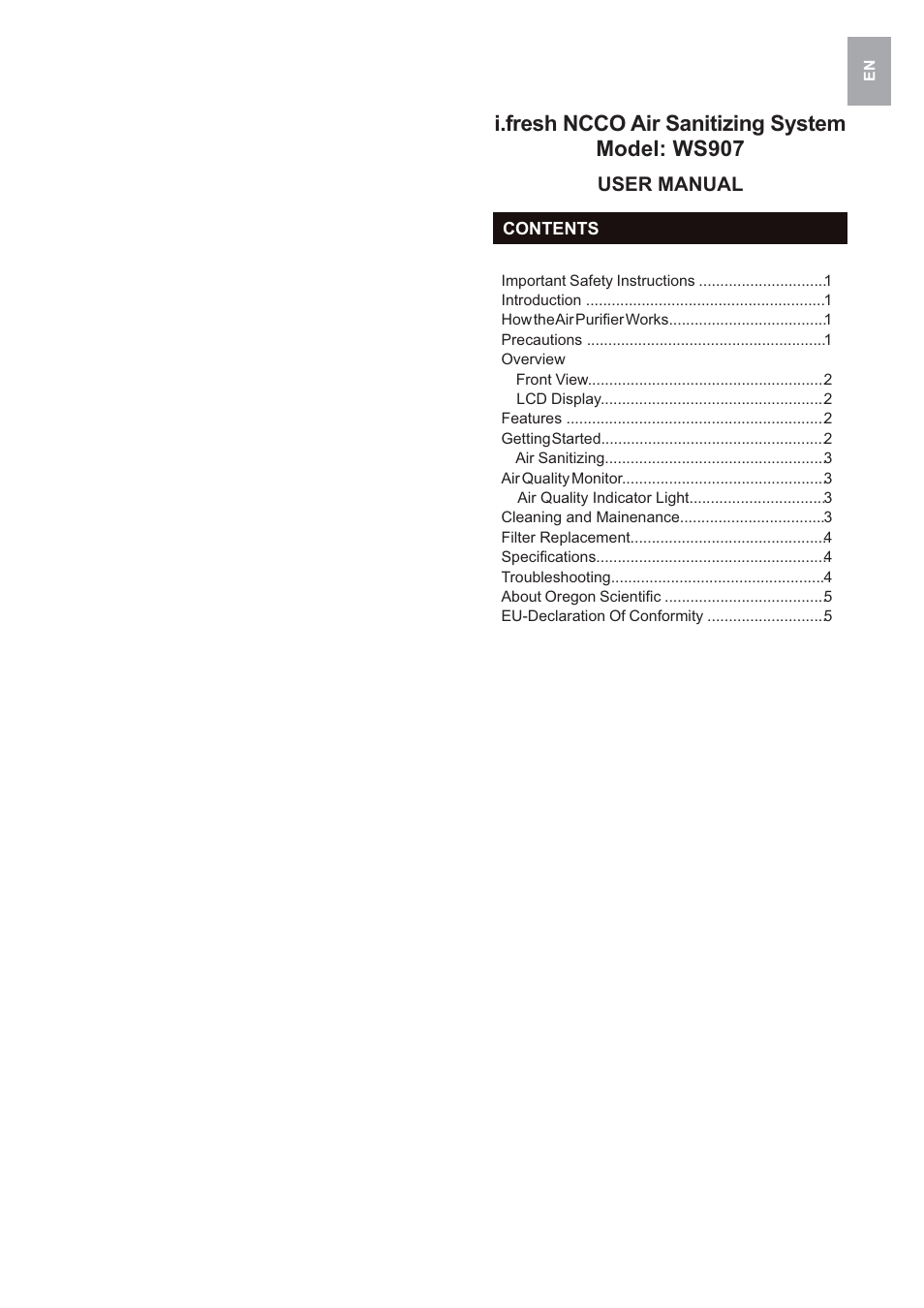 I.fresh ncco air sanitizing system model: ws907 | Oregon Scientific i.fresh WS907 User Manual | Page 3 / 77