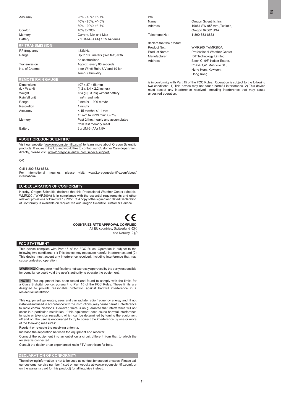 Oregon Scientific WMR200 User Manual | Page 11 / 11