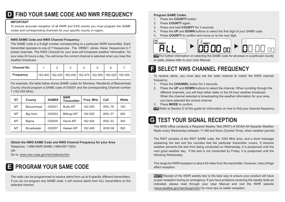 Fselect nws channel frequency, Gtest your signal reception | Oregon Scientific WR601 User Manual | Page 2 / 2