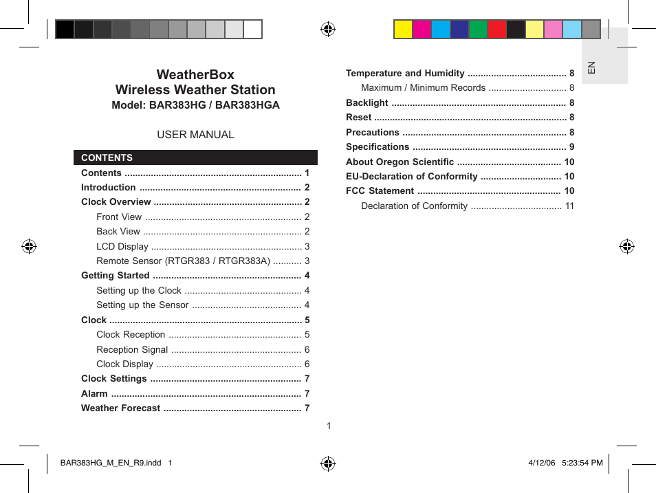 Oregon Scientific WeatherBox BAR383HG User Manual | 11 pages