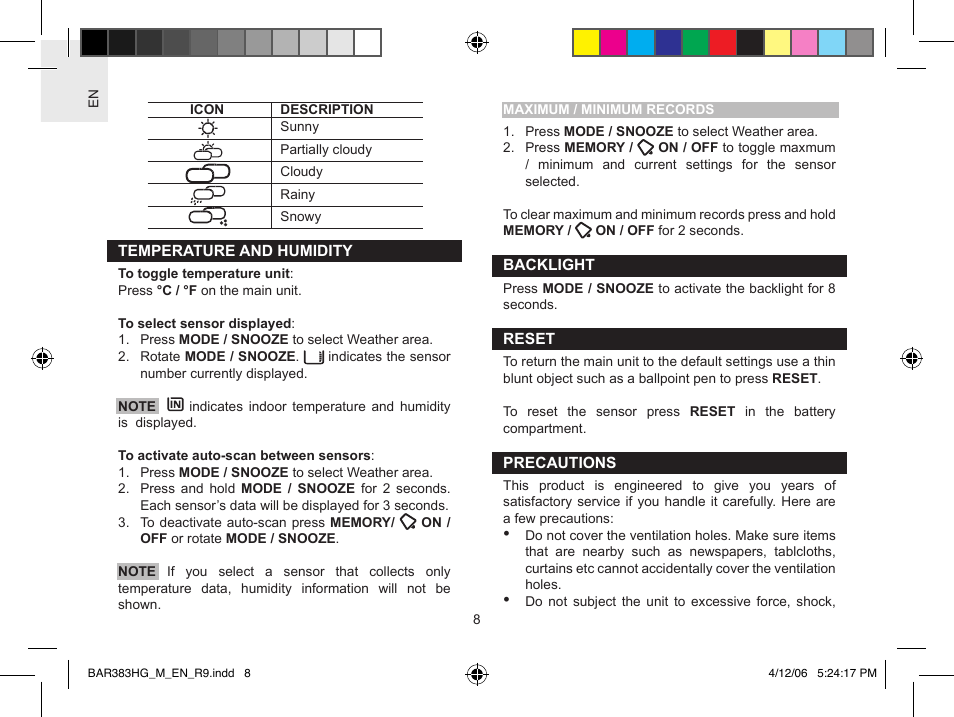 Oregon Scientific WeatherBox BAR383HG User Manual | Page 8 / 11