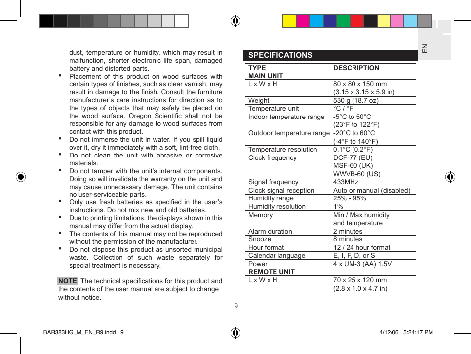Oregon Scientific WeatherBox BAR383HG User Manual | Page 9 / 11