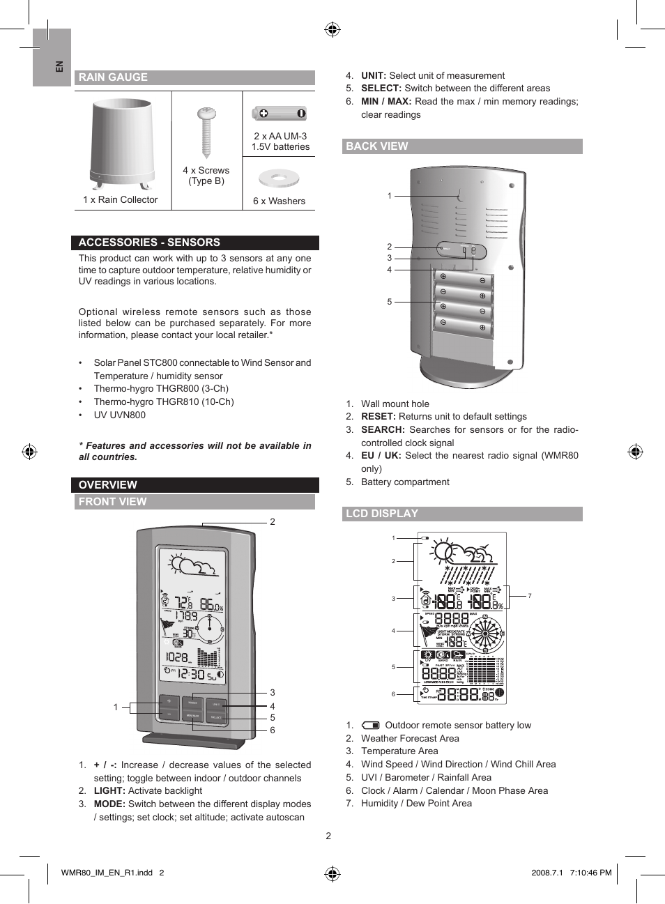 Oregon Scientific Wireless Full Weather Station Kit WMR80 / WMR80A User Manual | Page 2 / 13