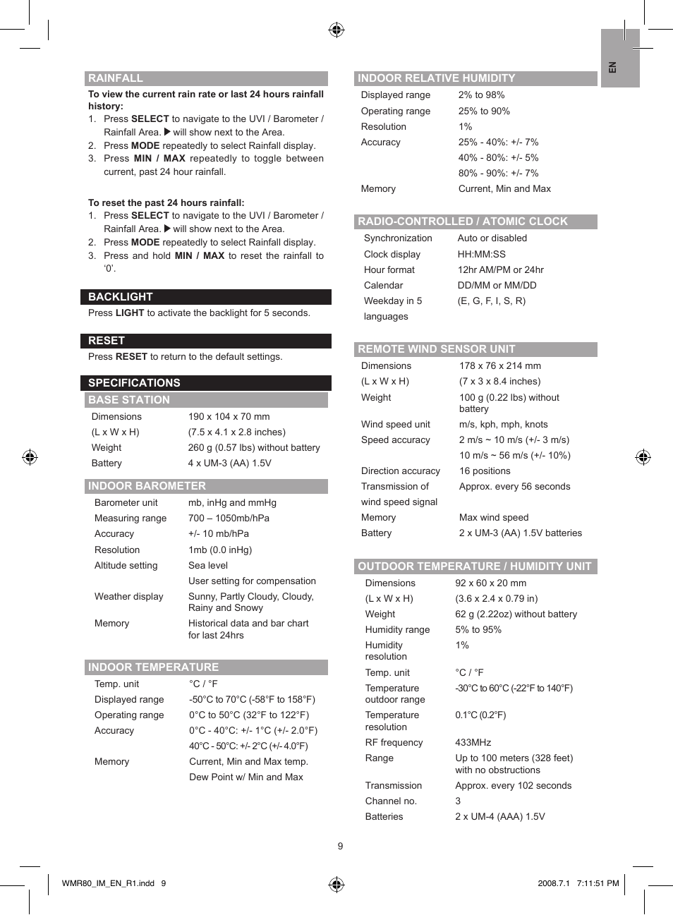 Oregon Scientific Wireless Full Weather Station Kit WMR80 / WMR80A User Manual | Page 9 / 13