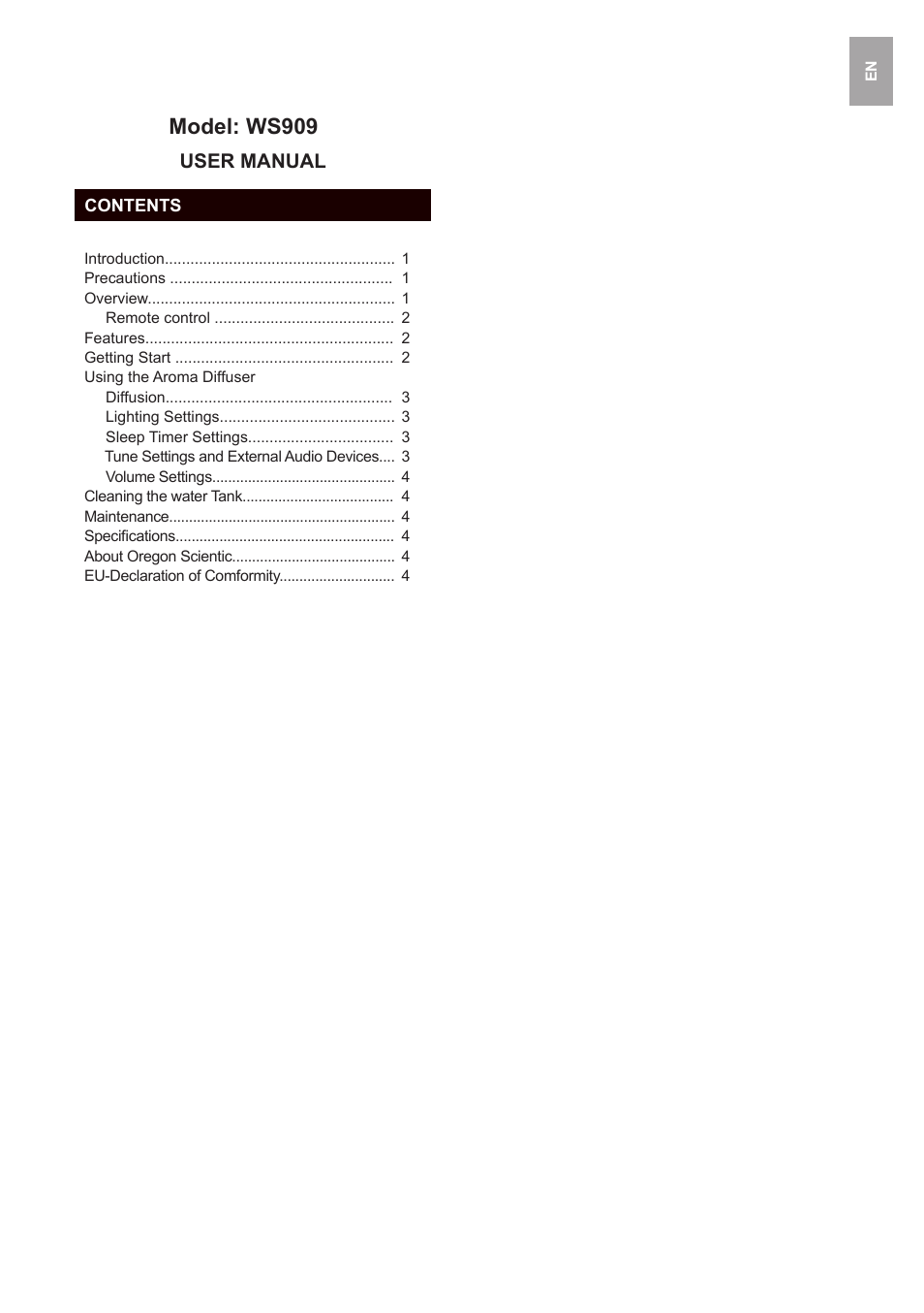 Zrrghqdurpdgliixvhu model: ws909, User manual | Oregon Scientific Roma Iffuser WS909 User Manual | Page 2 / 7