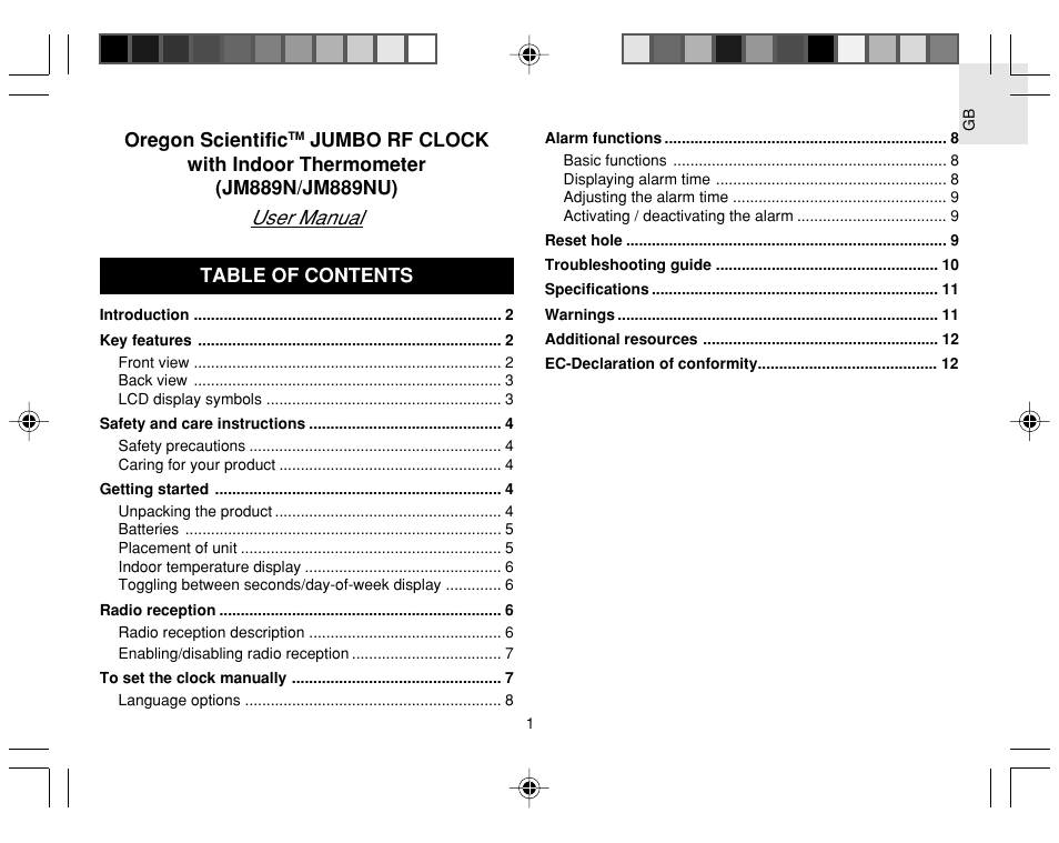 Oregon Scientific Jumbo RF Clock JM889NU User Manual | 12 pages