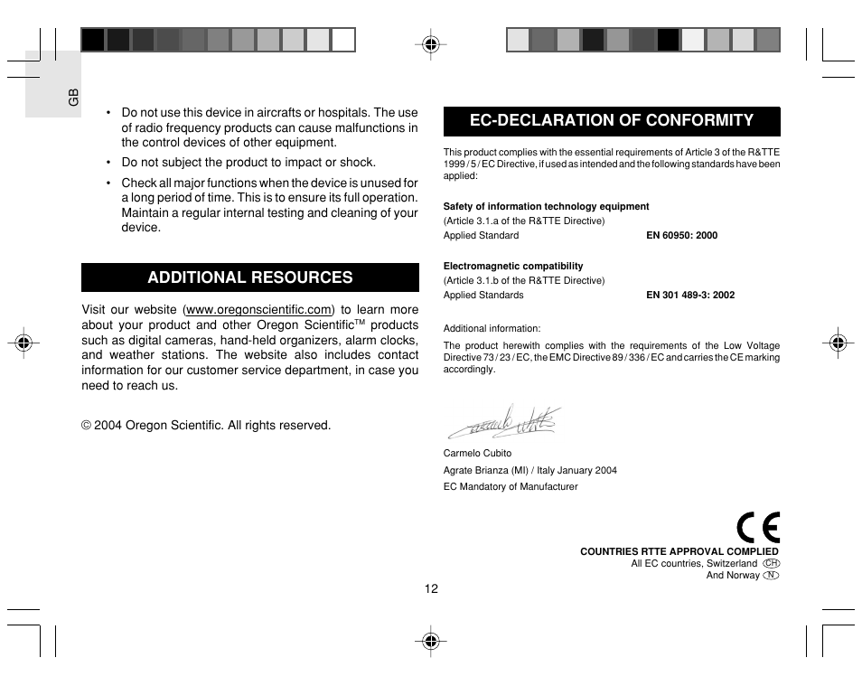 Ec-declaration of conformity, Additional resources | Oregon Scientific Jumbo RF Clock JM889NU User Manual | Page 12 / 12