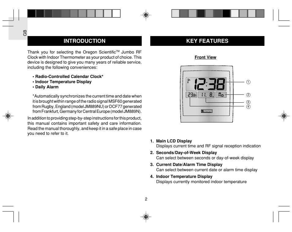 Introduction, Key features | Oregon Scientific Jumbo RF Clock JM889NU User Manual | Page 2 / 12