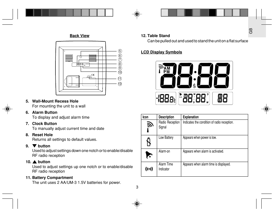 Oregon Scientific Jumbo RF Clock JM889NU User Manual | Page 3 / 12