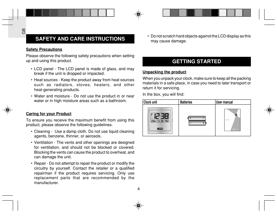 Safety and care instructions, Getting started | Oregon Scientific Jumbo RF Clock JM889NU User Manual | Page 4 / 12