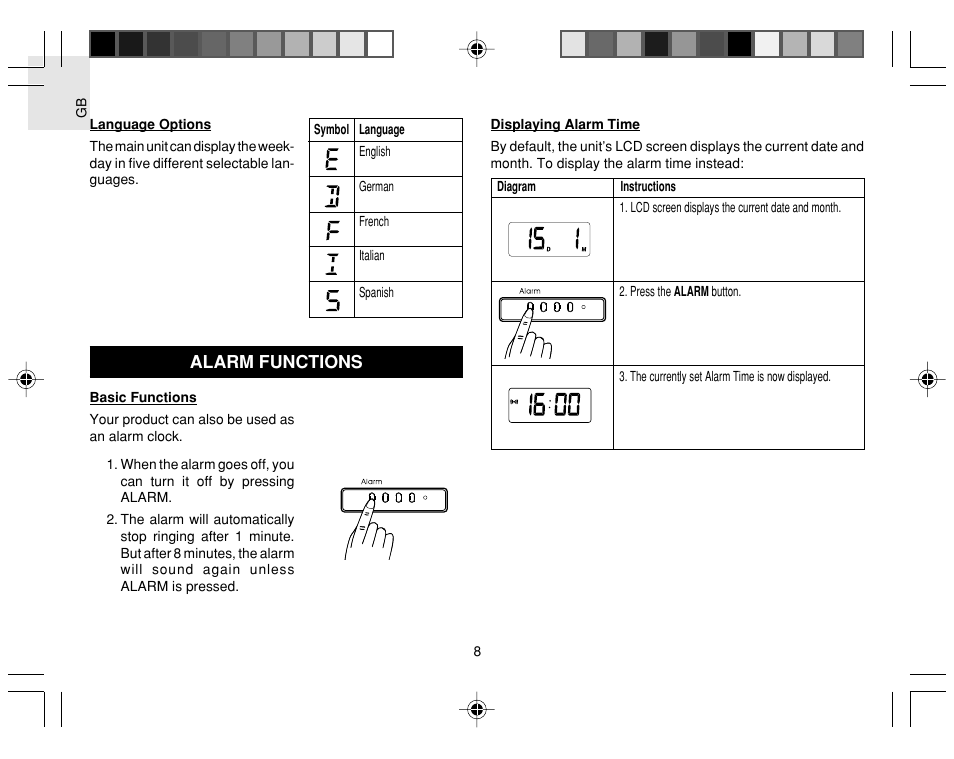 Alarm functions | Oregon Scientific Jumbo RF Clock JM889NU User Manual | Page 8 / 12