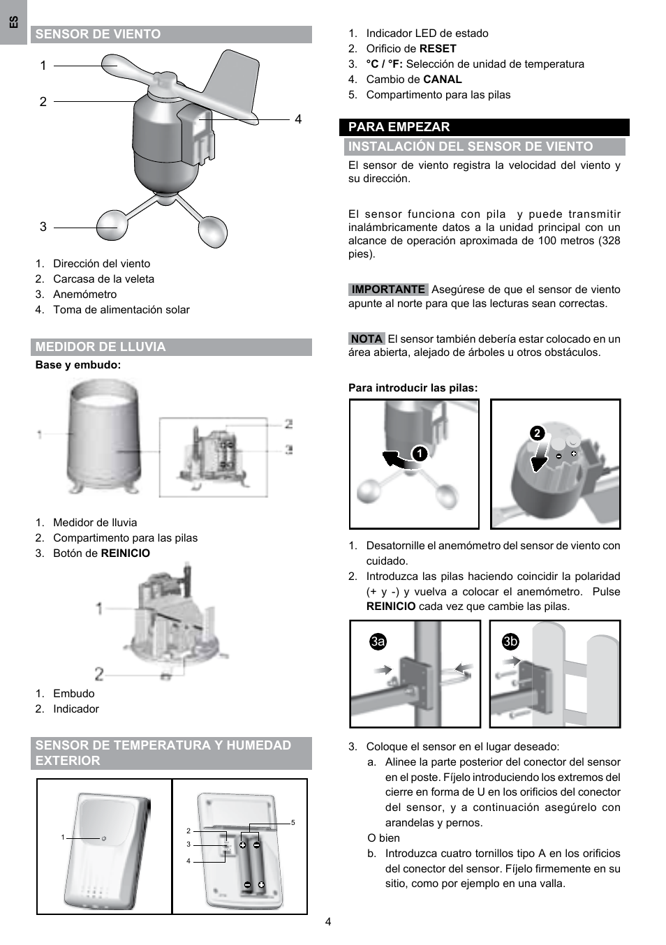 Sensor de viento, Medidor de lluvia, Sensor de temperatura y humedad exterior | Para empezar instalación del sensor de viento, A ３b | Oregon Scientific WMR80 User Manual | Page 16 / 88