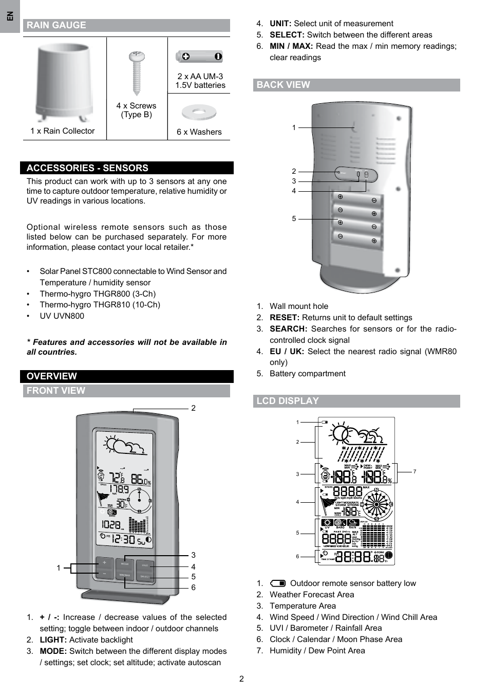 Rain gauge accessories - sensors, Overview front view, Back view | Lcd display | Oregon Scientific WMR80 User Manual | Page 3 / 88