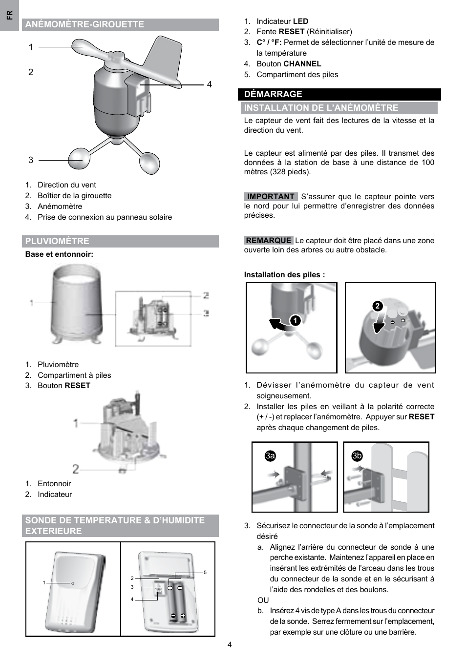 Anémomètre-girouette, Pluviomètre, Sonde de temperature & d’humidite exterieure | Démarrage installation de l’anémomètre | Oregon Scientific WMR80 User Manual | Page 38 / 88