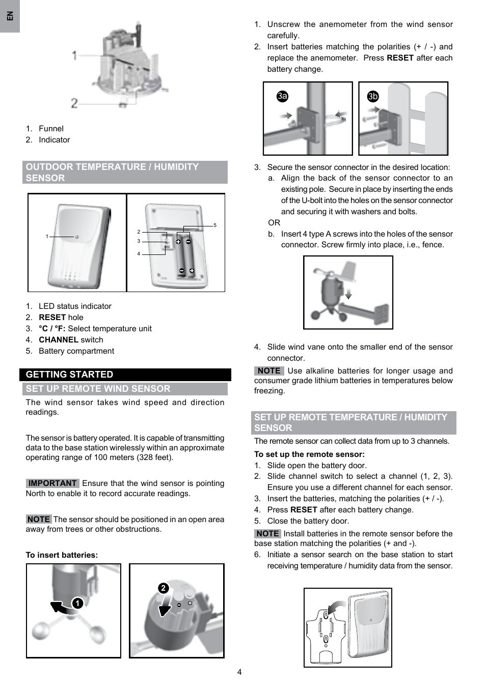 Outdoor temperature / humidity sensor, Getting started set up remote wind sensor, Set up remote temperature / humidity sensor | Oregon Scientific WMR80 User Manual | Page 5 / 88