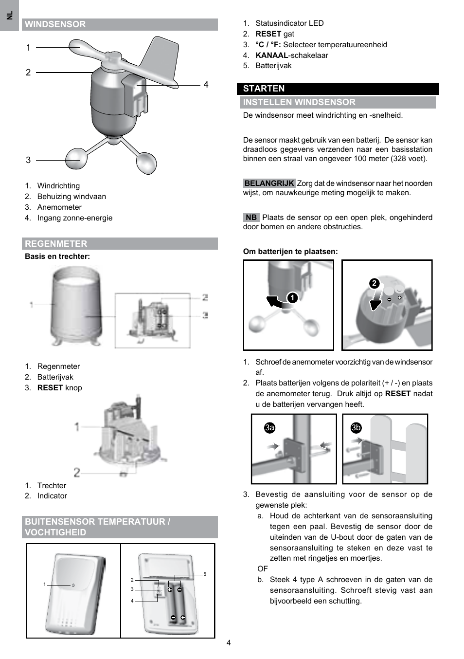 Windsensor, Regenmeter, Buitensensor temperatuur / vochtigheid | Starten instellen windsensor | Oregon Scientific WMR80 User Manual | Page 60 / 88