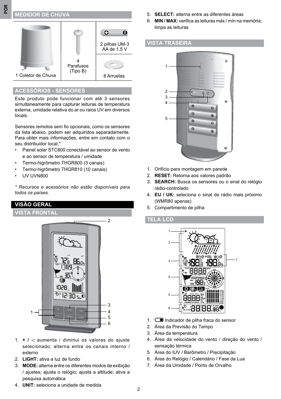 Medidor de chuva acessórios - sensores, Visão geral vista frontal, Vista traseira | Tela lcd | Oregon Scientific WMR80 User Manual | Page 69 / 88