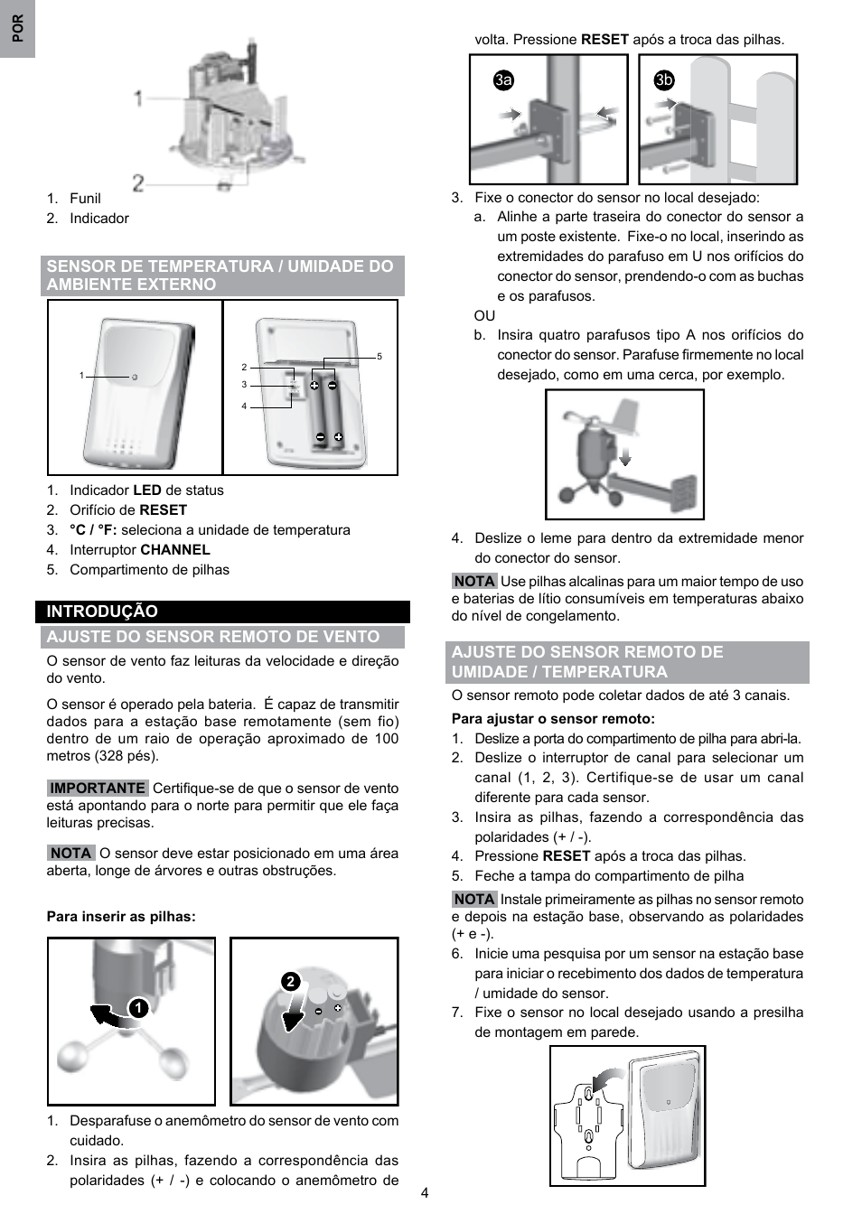 Introdução ajuste do sensor remoto de vento, Ajuste do sensor remoto de umidade / temperatura | Oregon Scientific WMR80 User Manual | Page 71 / 88