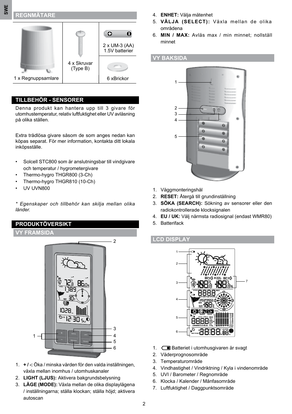 Regnmätare tillbehör - sensorer, Produktöversikt vy framsida, Vy baksida | Lcd display | Oregon Scientific WMR80 User Manual | Page 79 / 88