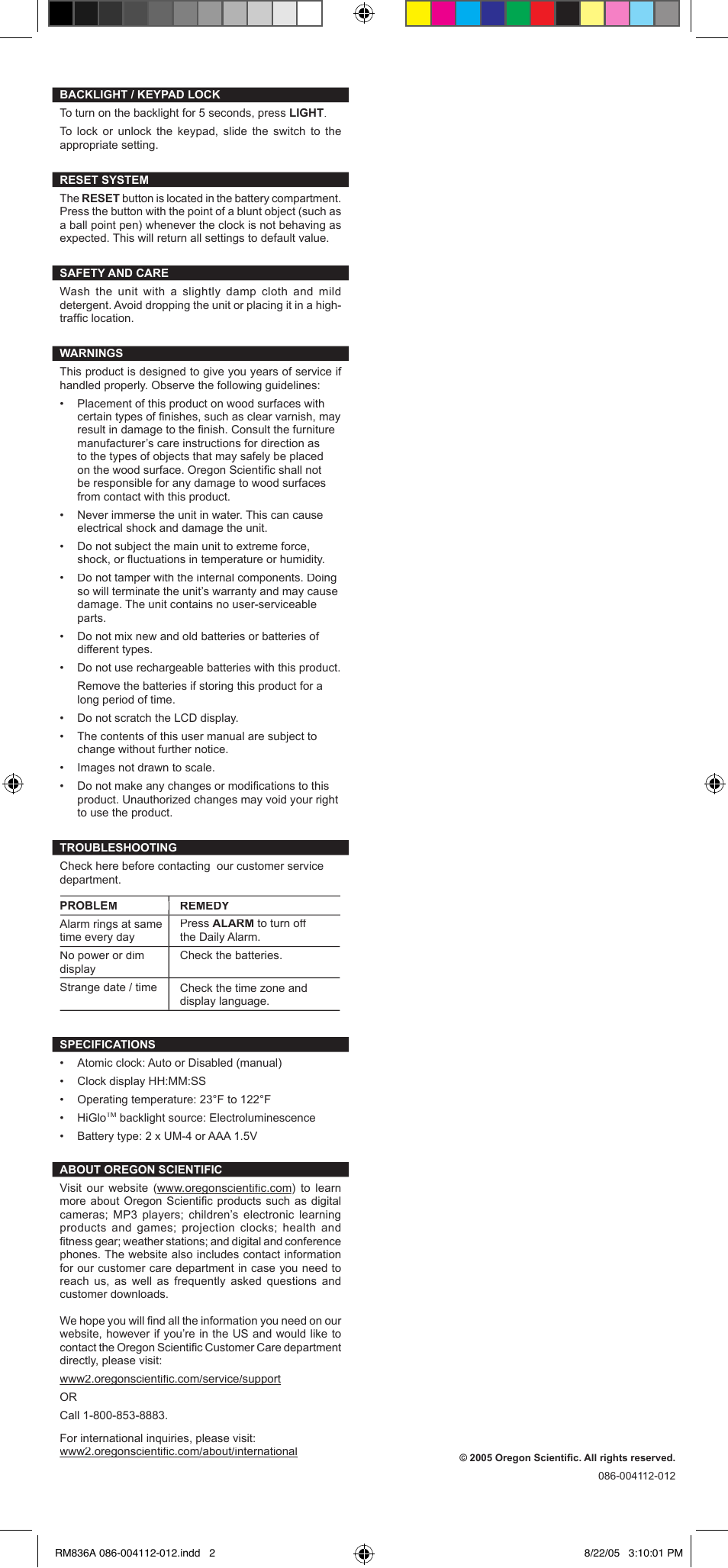 Oregon Scientific Self-Setting Atomic Travel Thermometer RM836A User Manual | Page 2 / 2