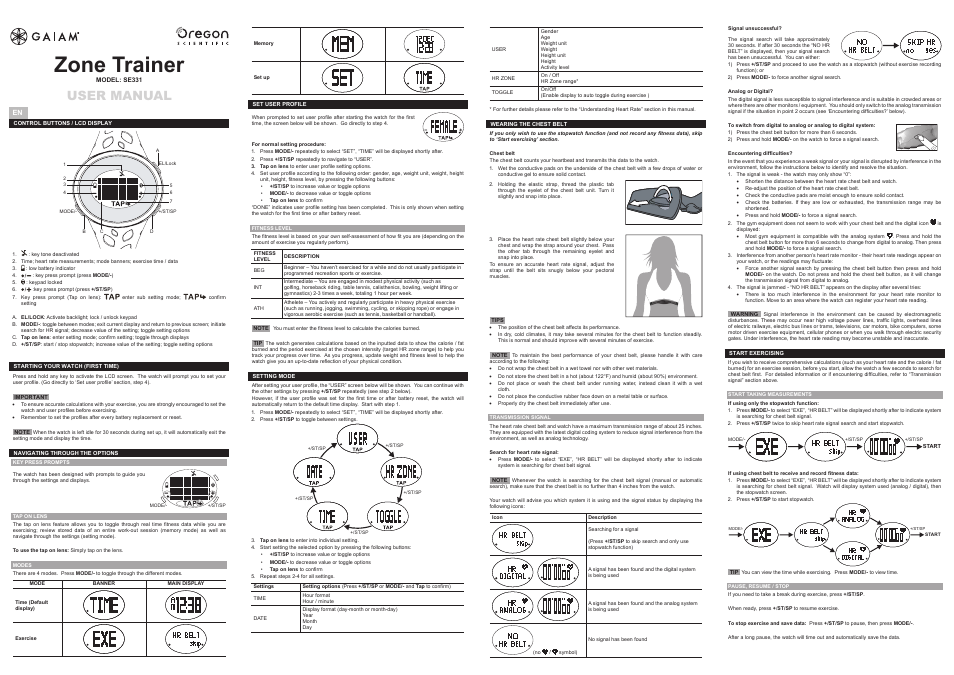 Oregon Scientific ZONE TRAINER SE331 User Manual | 2 pages