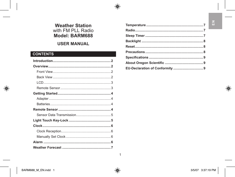 Oregon Scientific weather station with fm pll radio BARM688 User Manual | 9 pages