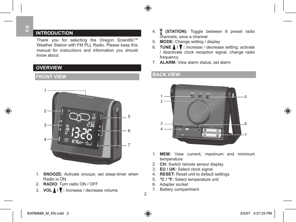 Oregon Scientific weather station with fm pll radio BARM688 User Manual | Page 2 / 9