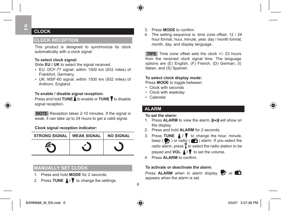 Oregon Scientific weather station with fm pll radio BARM688 User Manual | Page 6 / 9