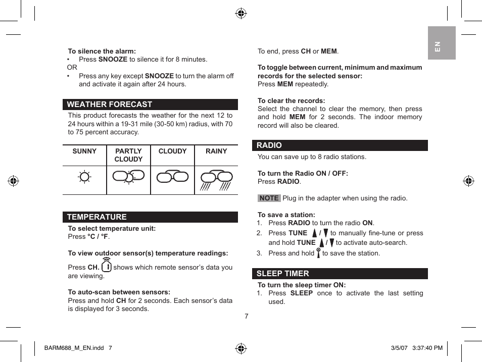 Oregon Scientific weather station with fm pll radio BARM688 User Manual | Page 7 / 9