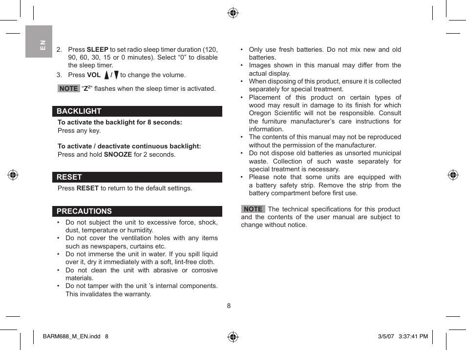 Oregon Scientific weather station with fm pll radio BARM688 User Manual | Page 8 / 9