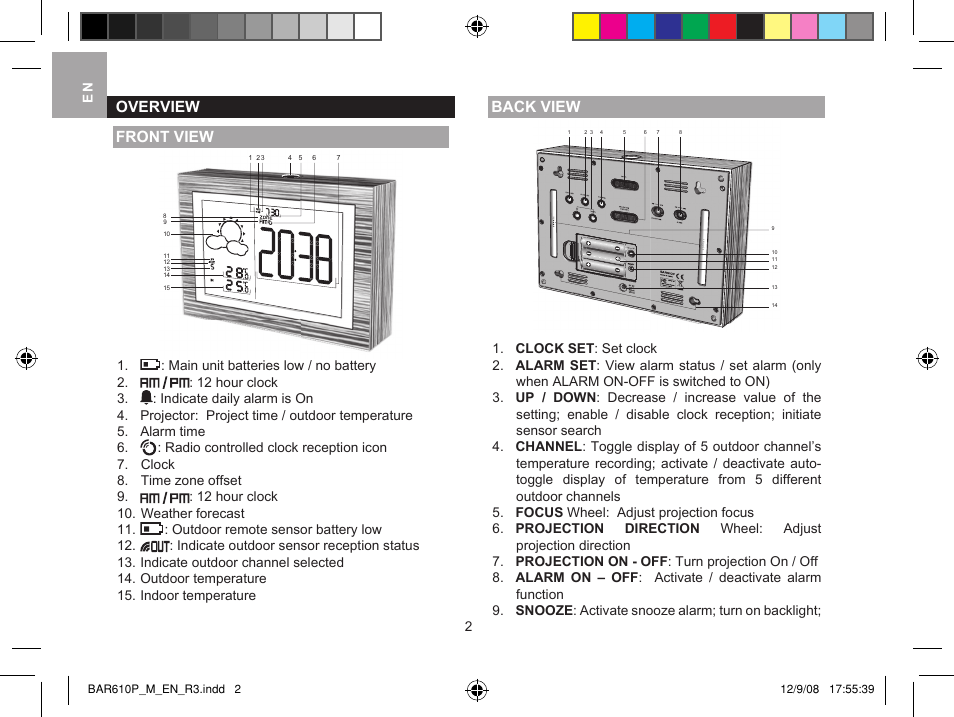 Overview front view, Back view, 2e n | Oregon Scientific Smart Weather Station BAR610B User Manual | Page 2 / 9