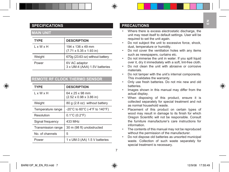 Oregon Scientific Smart Weather Station BAR610B User Manual | Page 7 / 9