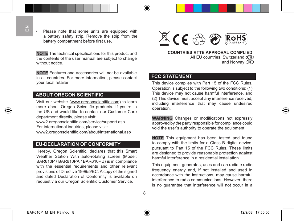 Oregon Scientific Smart Weather Station BAR610B User Manual | Page 8 / 9