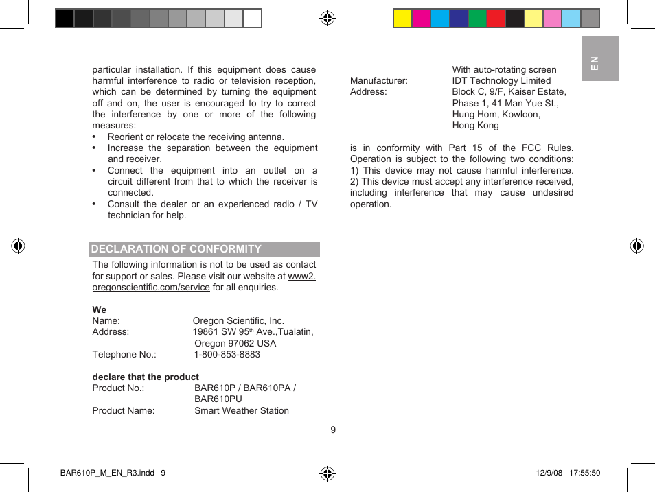 Oregon Scientific Smart Weather Station BAR610B User Manual | Page 9 / 9