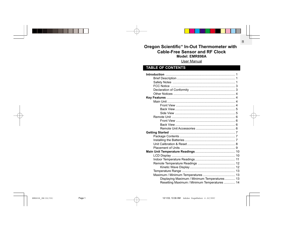 Oregon Scientific Orgin Scientific In-Out Thermometer EMR898A User Manual | 14 pages