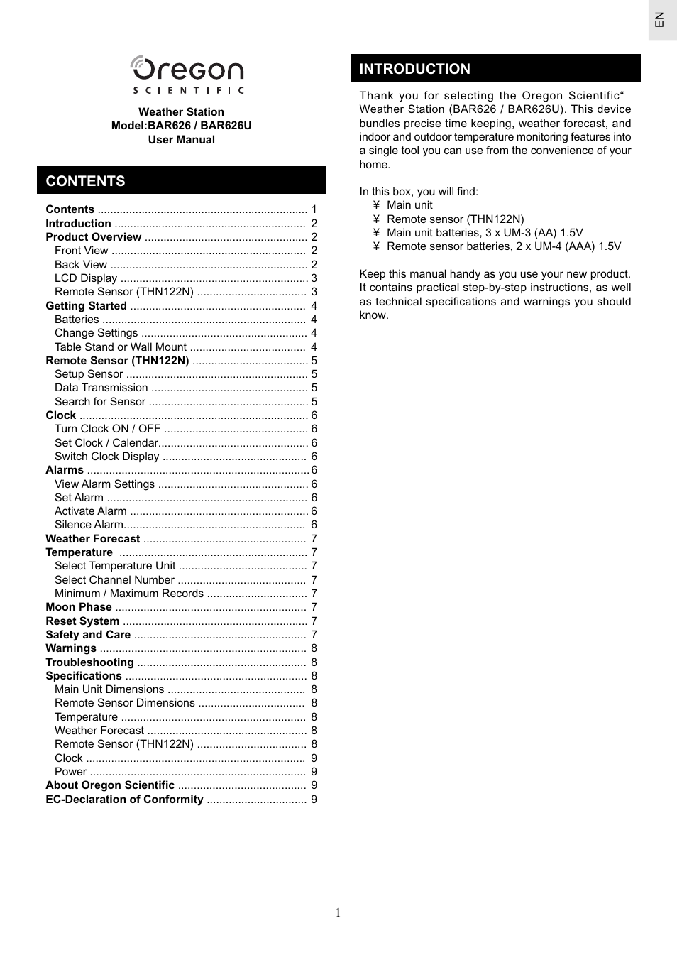 Oregon Scientific Weather Station BAR626 User Manual | 10 pages