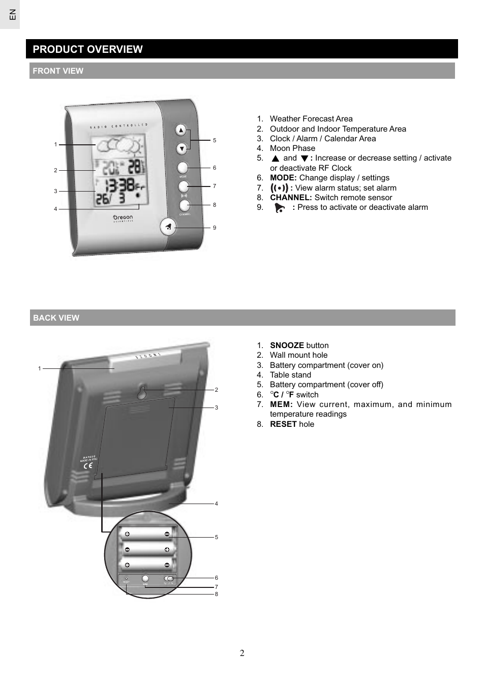 Product overview | Oregon Scientific Weather Station BAR626 User Manual | Page 2 / 10