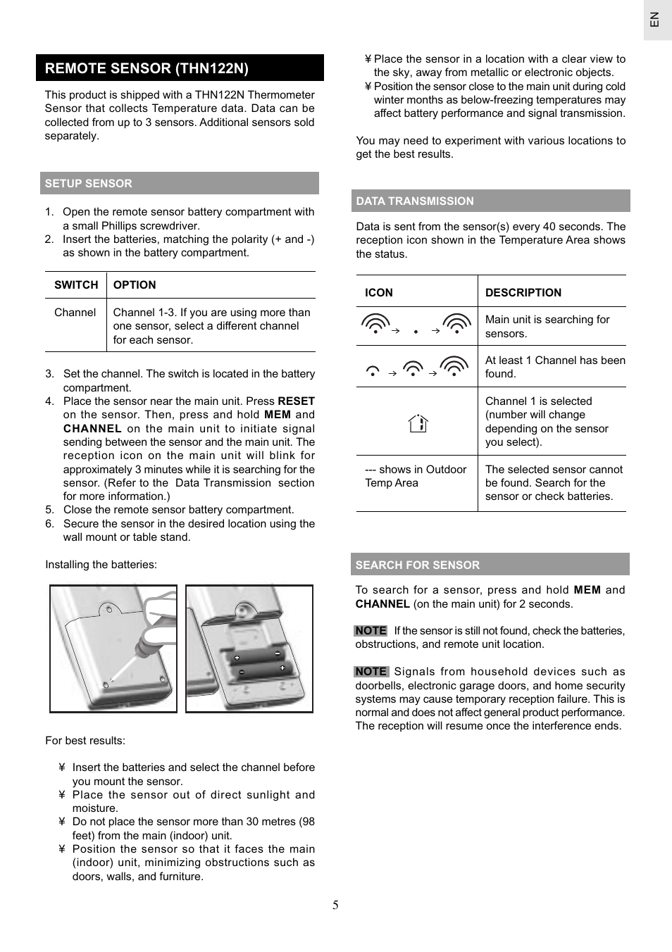 Remote sensor (thn122n) | Oregon Scientific Weather Station BAR626 User Manual | Page 5 / 10