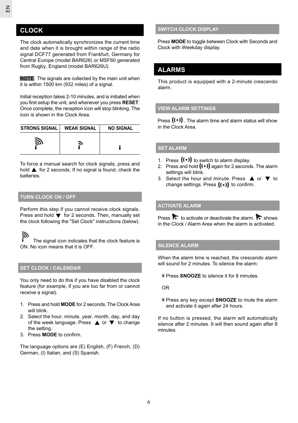 Clock, Alarms | Oregon Scientific Weather Station BAR626 User Manual | Page 6 / 10