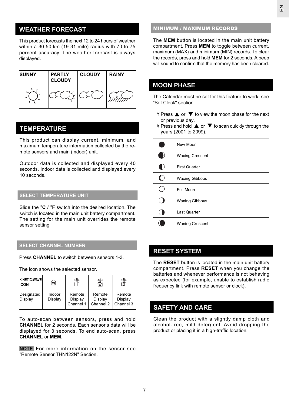 Weather forecast, Temperature, Moon phase | Reset system, Safety and care | Oregon Scientific Weather Station BAR626 User Manual | Page 7 / 10