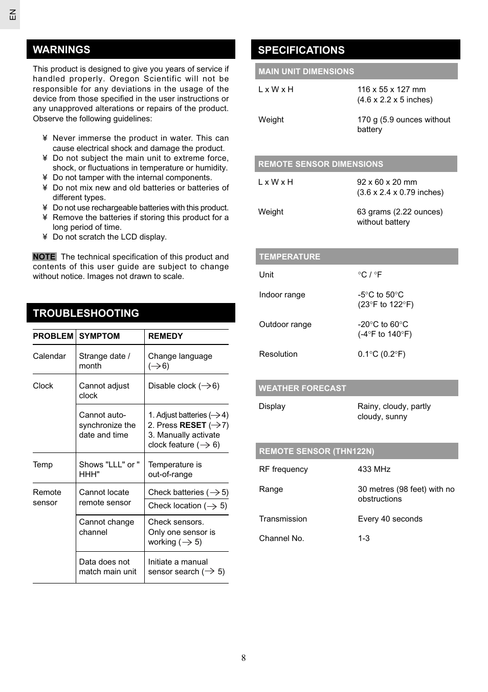 Warnings, Troubleshooting, Specifications | Oregon Scientific Weather Station BAR626 User Manual | Page 8 / 10
