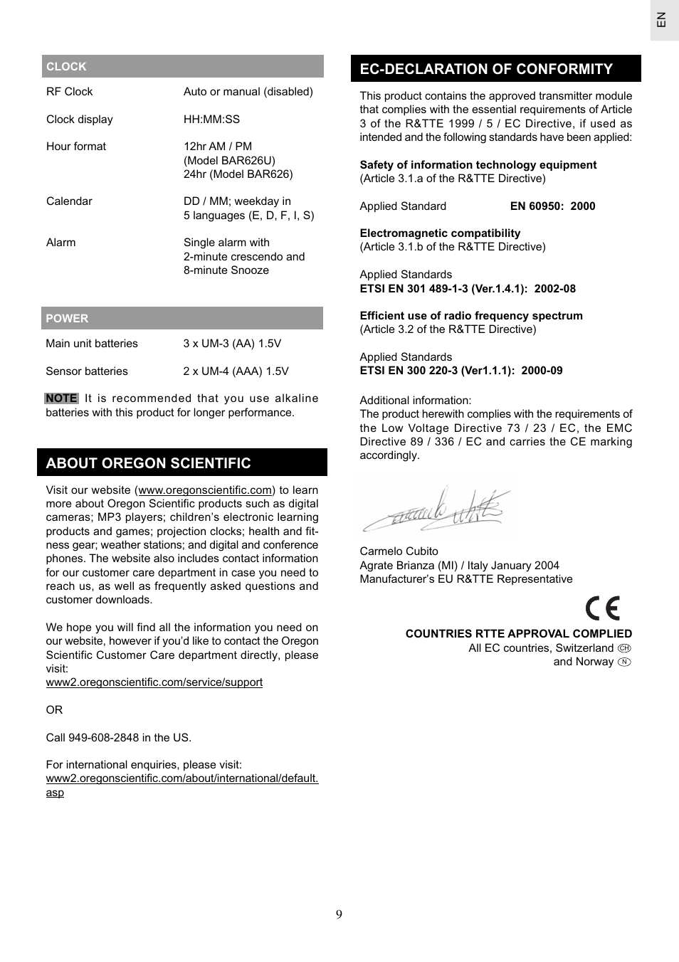 About oregon scientific, Ec-declaration of conformity | Oregon Scientific Weather Station BAR626 User Manual | Page 9 / 10