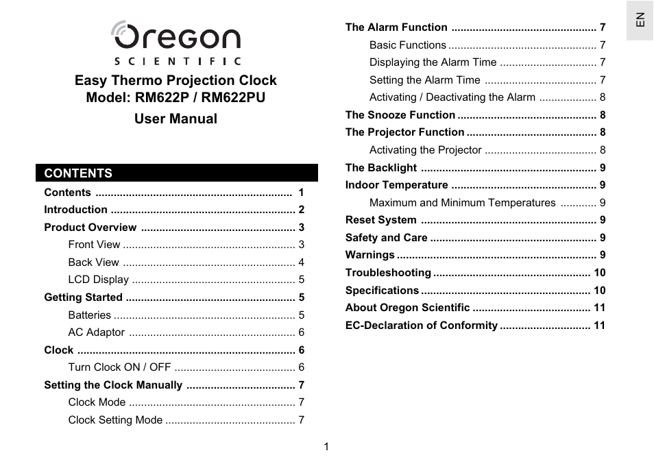 Oregon Scientific Easy Thermo Projection Clock RM622P User Manual | 13 pages