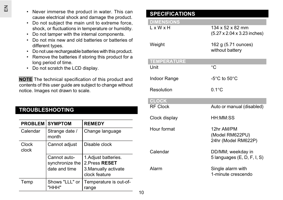 Oregon Scientific Easy Thermo Projection Clock RM622P User Manual | Page 10 / 13