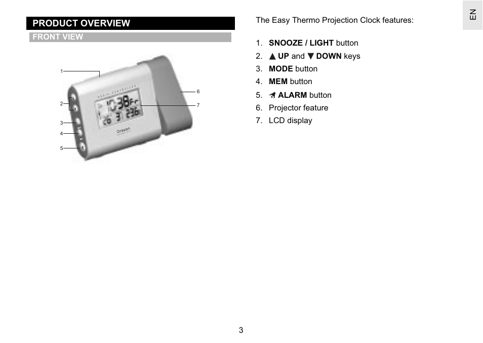 Product overview | Oregon Scientific Easy Thermo Projection Clock RM622P User Manual | Page 3 / 13