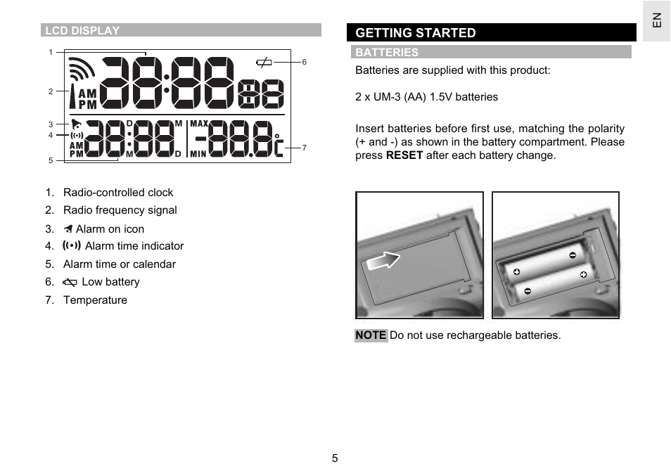 Getting started | Oregon Scientific Easy Thermo Projection Clock RM622P User Manual | Page 5 / 13