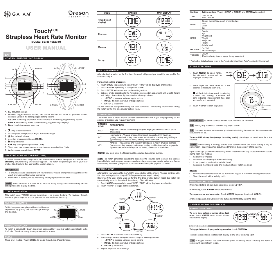 Oregon Scientific Touch ECG Strapless Heart Rate Monitor SE330M User Manual | 2 pages