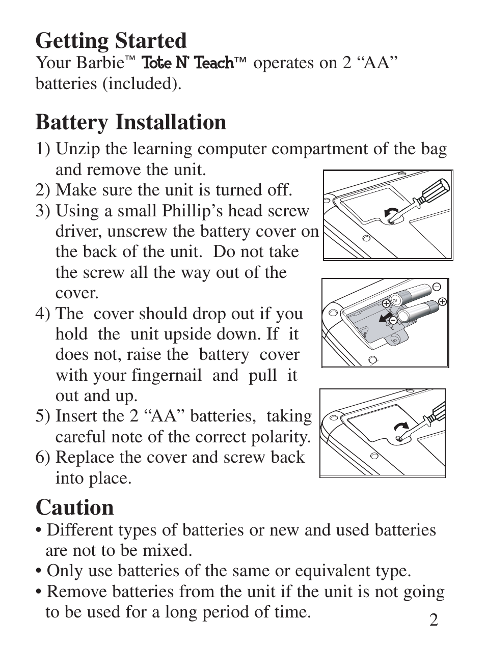 Getting started, Battery installation, Caution | Oregon Scientific Electronic Learning Aid Tote N' Teach User Manual | Page 3 / 19