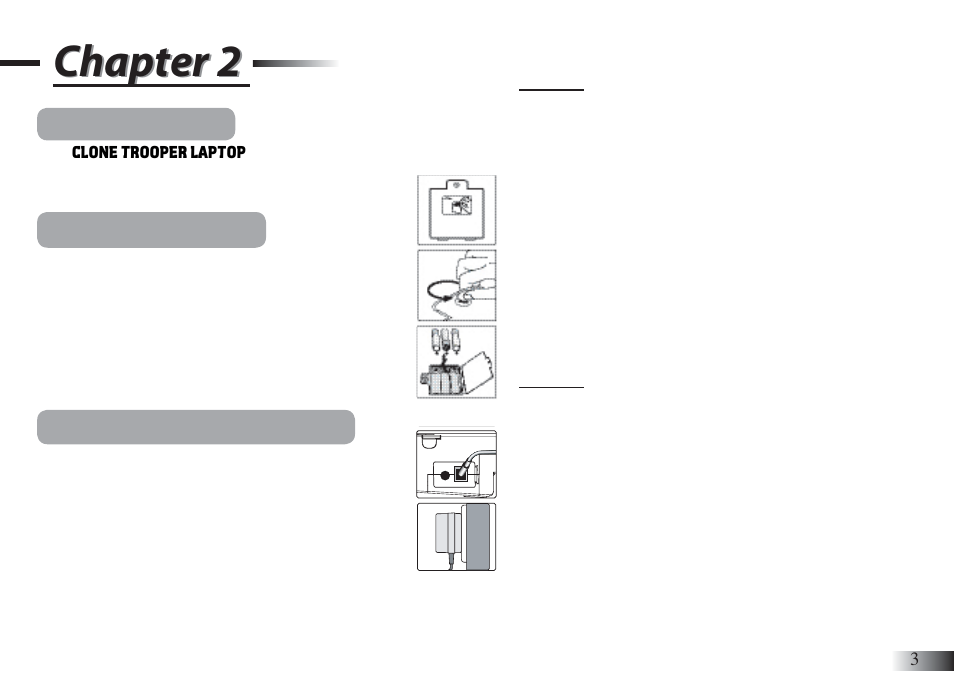 Chapter 2, Getting started, Battery installation | Ac/dc adaptor connection | Oregon Scientific Clone Trooper Laptop User Manual | Page 7 / 20