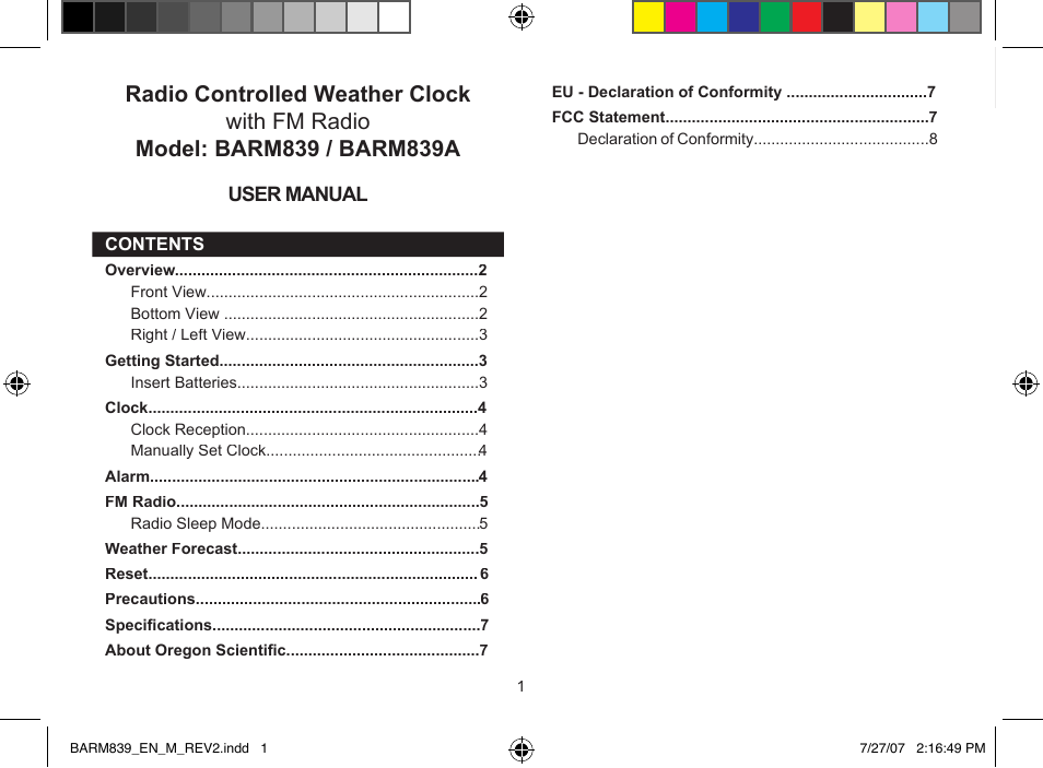 Oregon Scientific Radio Controlled Weather Clock BARM839 User Manual | 8 pages